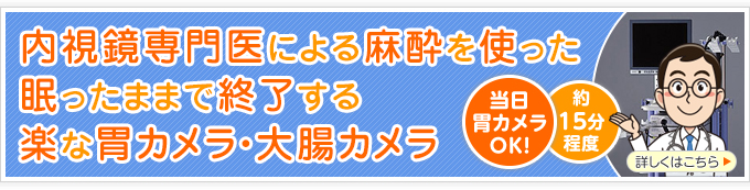 内視鏡専門医による麻酔を使った眠ったまま楽に終了している楽な胃カメラ・大腸カメラ検査。当日胃カメラOKです!約15分程度です。